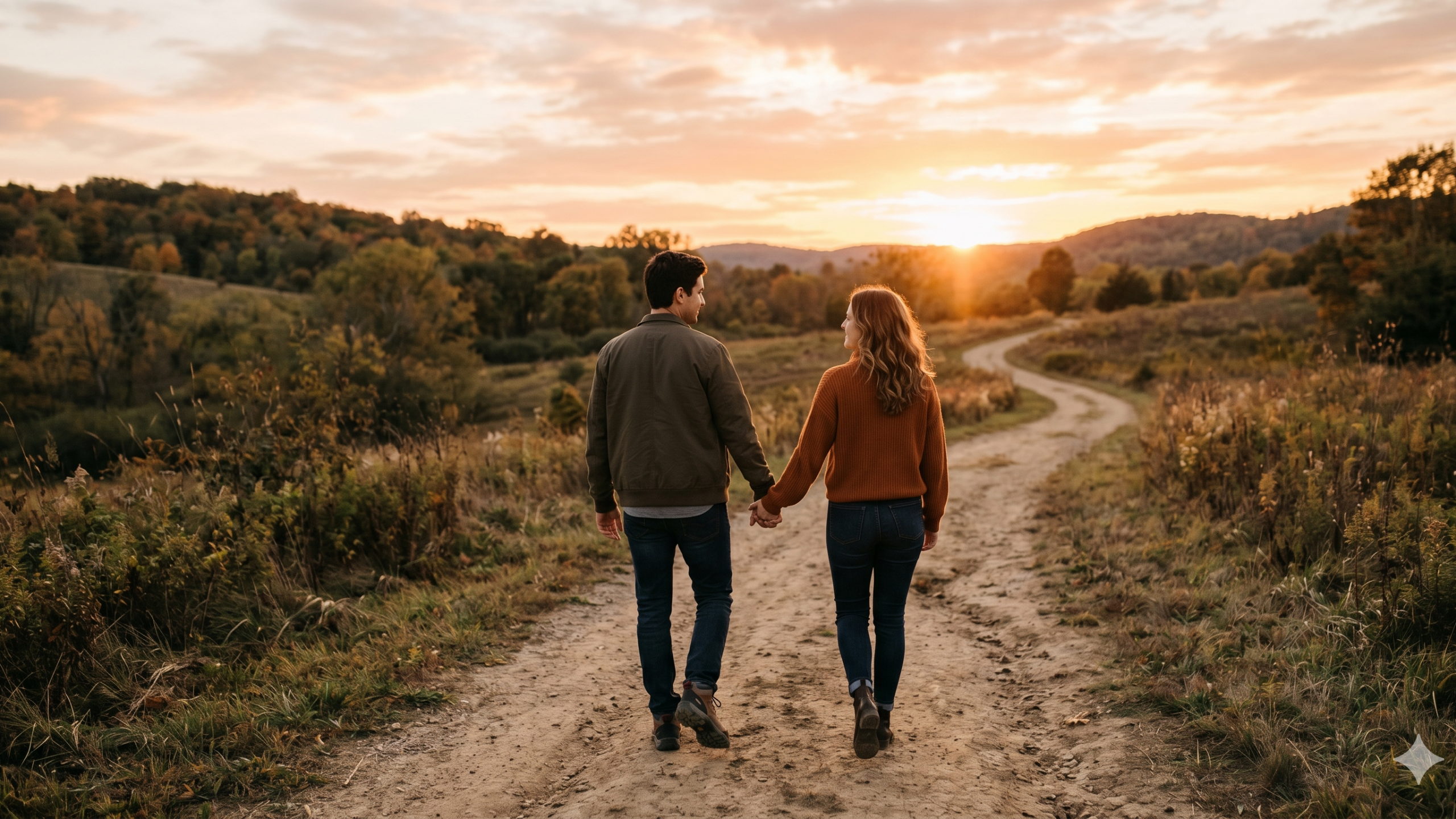 A couple holding hands and walking down a dirt path during a sunset